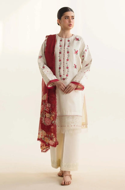 Zara Shah Jahan - 3PC unstiched Lawn Embroidered Shirt With Printed Slub net Dupatta and Plan Trouser - RF1101