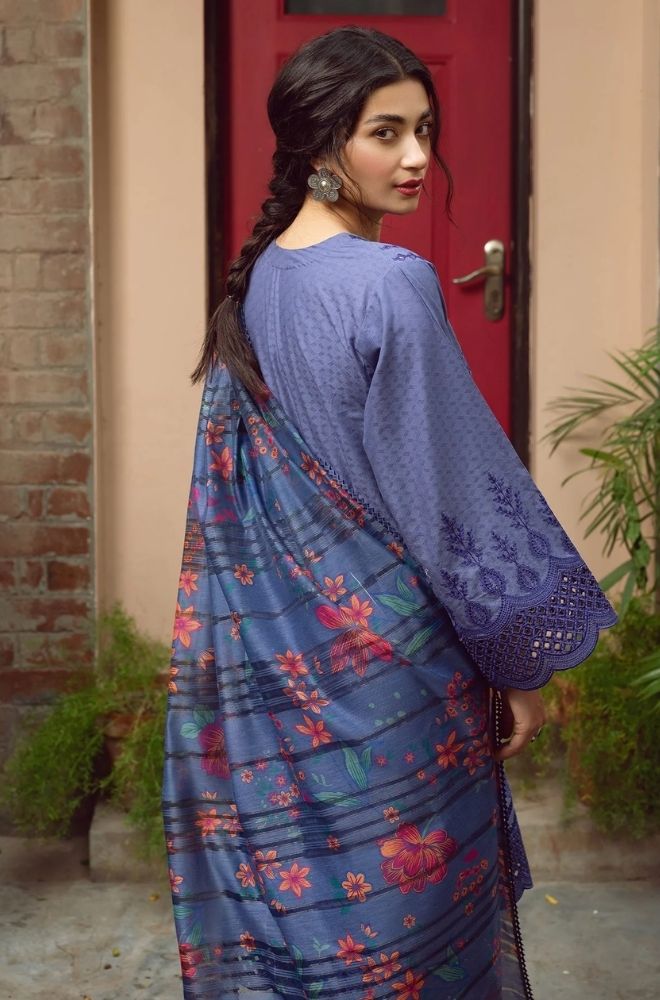 Jazmin - 3PC Unstitched Lawn Chicken Kari Embroidered Shirt with Printed Slub Net Dupatta - RF1018