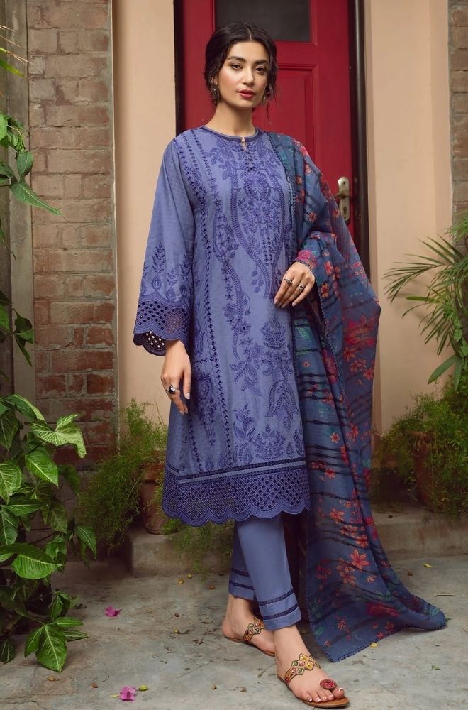 Jazmin - 3PC Unstitched Lawn Chicken Kari Embroidered Shirt with Printed Slub Net Dupatta - RF1018