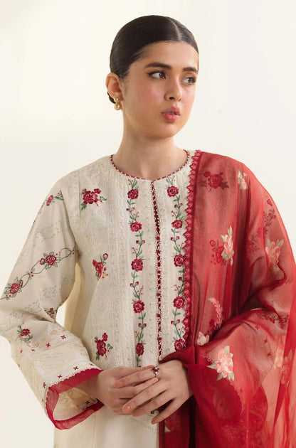 Zara Shah Jahan - 3PC unstiched Lawn Embroidered Shirt With Printed Slub net Dupatta and Plan Trouser - RF1101