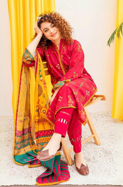 Batik - 3PC Unstitched Embroidered Khaddar Shirt with Printed Pashmina Wool Shawl and Trouser - RF1199