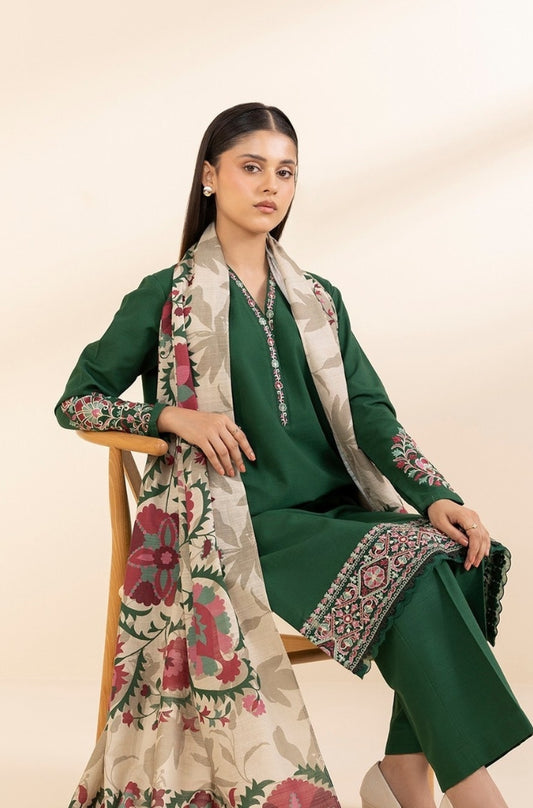 Sapphire - 3PC Unstitched Khaddar Embroidered Front with Digital Printed Shawl and Plain Trouser - RF1277