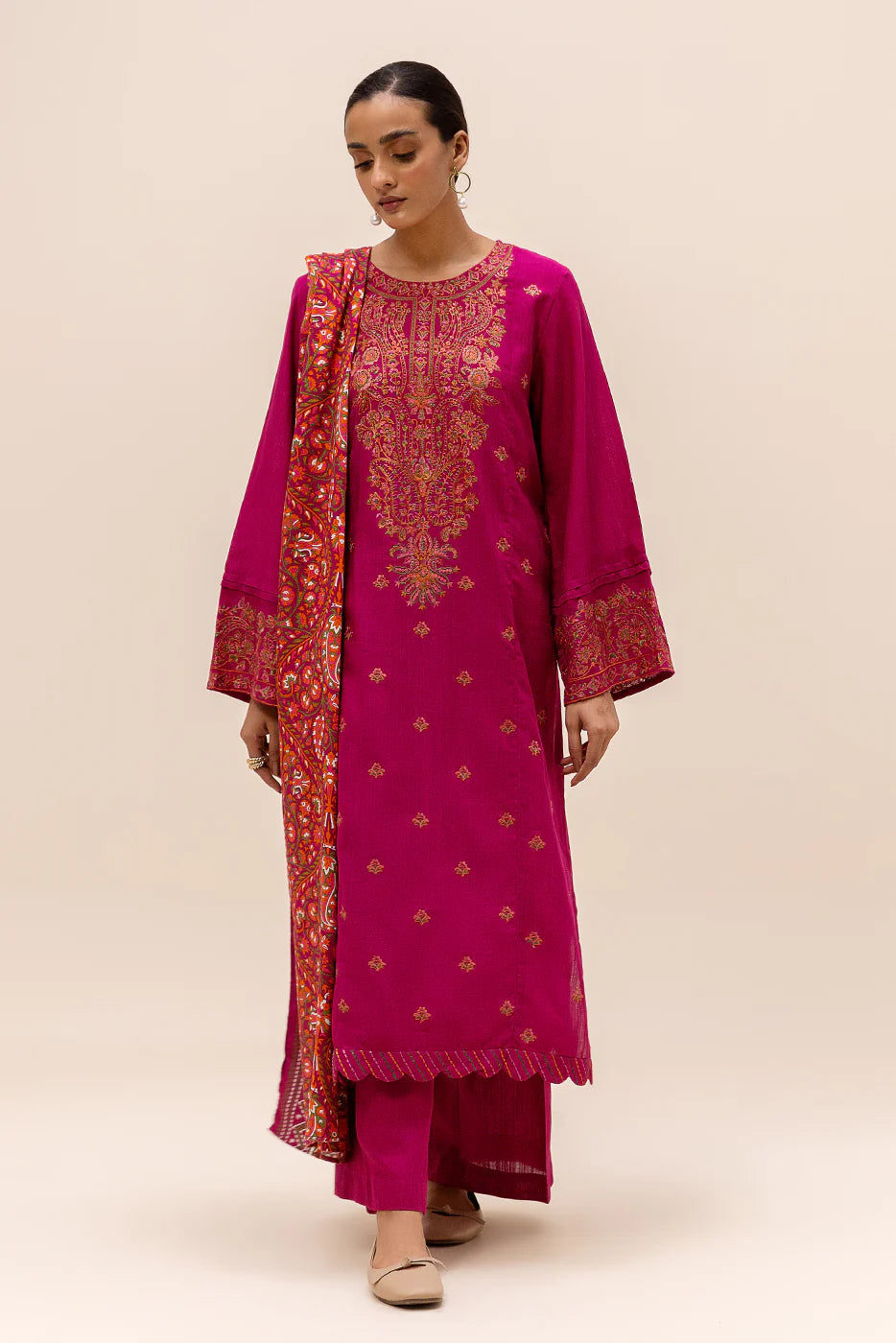 Beechtree - 3PC Unstitched Dhanak Embroidered Shirt with Printed Pashmina Wool Shawl and Trouser - RF1273