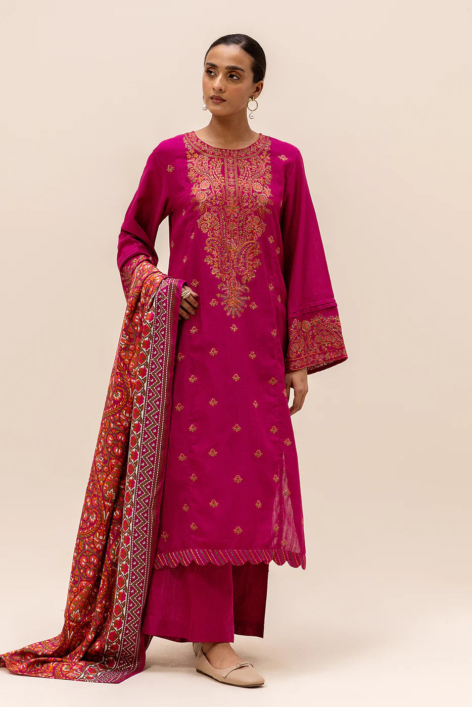 Beechtree - 3PC Unstitched Dhanak Embroidered Shirt with Printed Pashmina Wool Shawl and Trouser - RF1273