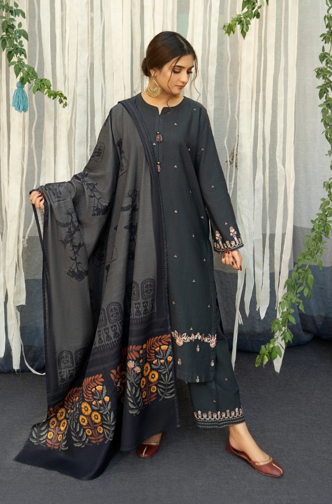 Urge - 3PC Unstitched Dhanak Embroidered Shirt with Printed Wool Shawl and Embroidered Trousers- RF1131