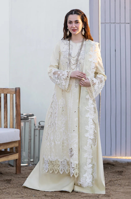 Qalamkaar - 3PC Unstitched Lawn Chicken Kari Embroidered Shirt with Embroidered Slub Net Dupatta - RF1041