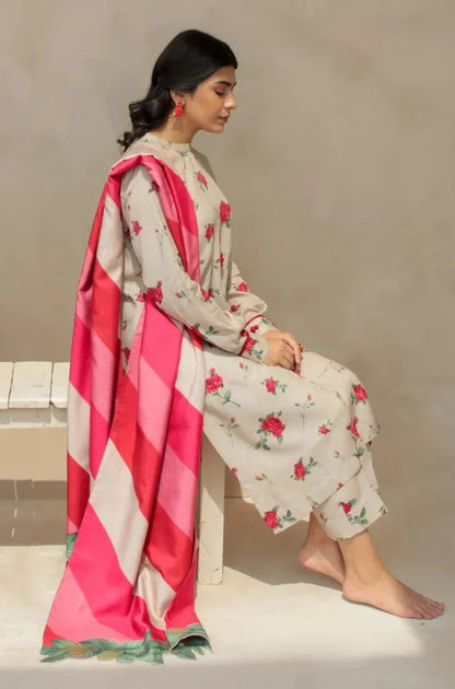 Baroque - 3PC Unstitched Printed Karandi Shirt with Printed Karandi Dupatta and Trouser - RF1127